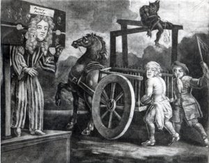 Titus Oates am dritten Tag seiner Bestrafung, als er ausgezogen, an einen Wagen gebunden und von Aldgate nach Newgate ausgepeitscht wurde von English School